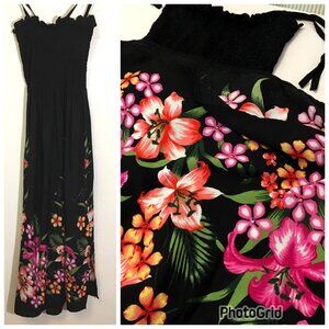 Hawaiian Smocked Sundress Black Vibrant Floral Beach Vacation Summer Cruise (T10